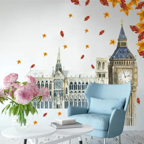 London Big Ben and Westminster with Autumn Leaves Wall Decal Sticker