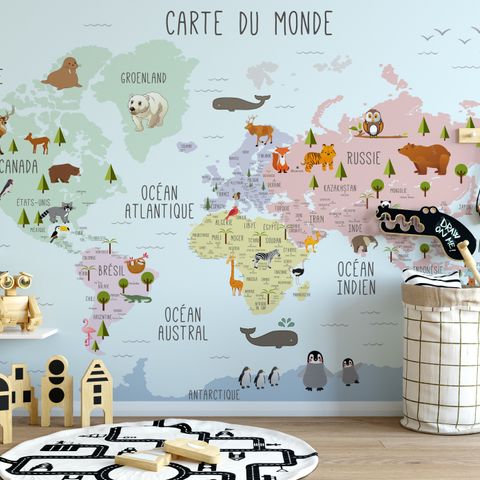  Carte éducatif en Français - Papier peint carte du monde éducative avec animaux pour enfants et bébé