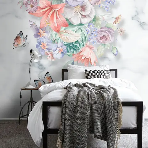 Boho Floral Bouqet with Marble Pattern Wallpaper Mural