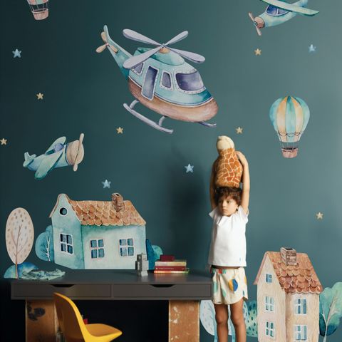 Kids Cartoon Village for Boys Watercolor Aircraft and Hot Air Balloon Wall Decal Sticker