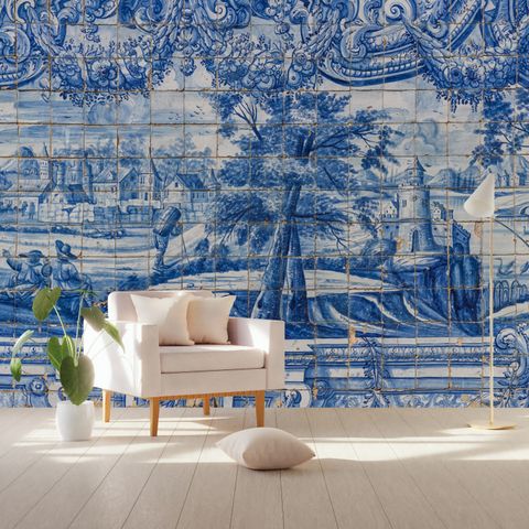 Blue Chinoiserie with Brush Tile Pattern Wallpaper Mural