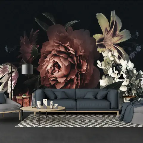 Dark Floral Bouqet with Red Peony and Lily Wallpaper Mural