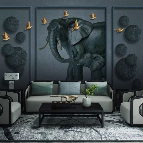 3D Embossed Look Dark Elephant and Birds Wallpaper Mural