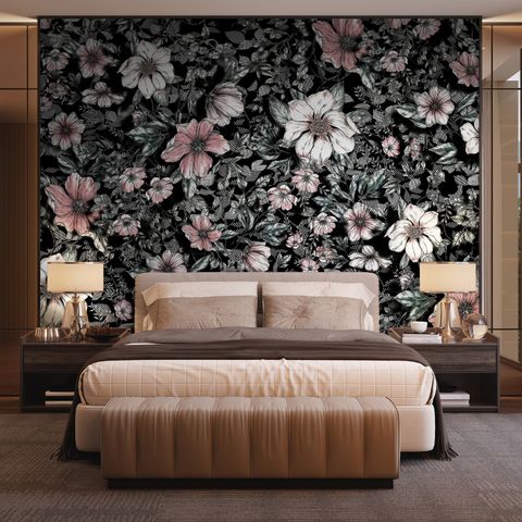 Dark Floral with White Daisy Wallpaper Mural