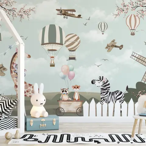 Kids Woodland Animals with Vintage Aircraft and Windmill Wallpaper Mural