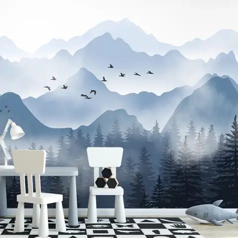Monochrome Mountainscape with Misty Forest Wallpaper Mural