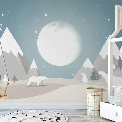 Kids Mountainscape with Fullmoon and White Bears Wallpaper Mural