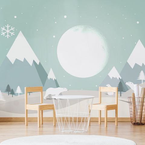 Kids Mountainscape with Cute Bear and Green Skyscape Wallpaper Mural