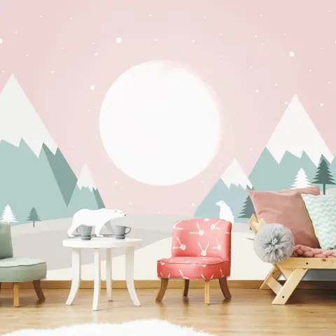 Kids Mountainscape with Cute Bears and Pink Skyscape Wallpaper Mural