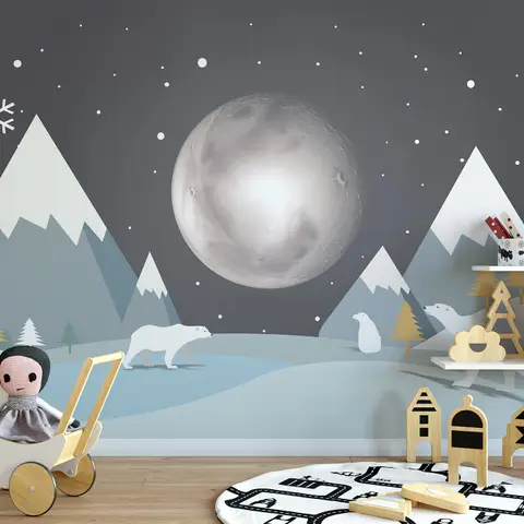 Kids Mountainscape with Cute Bears and Nightscape Wallpaper Mural