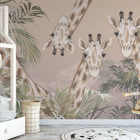 Cute Giraffes Between Tropical Leaves Wallpaper Mural