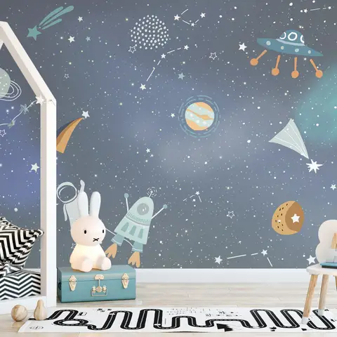 Kids Cartoon Space with Colorful Planets and Little Stars Wallpaper Mural