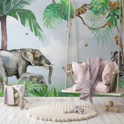 Kids Tropical Forest with Cute Safari Animals Wallpaper Mural