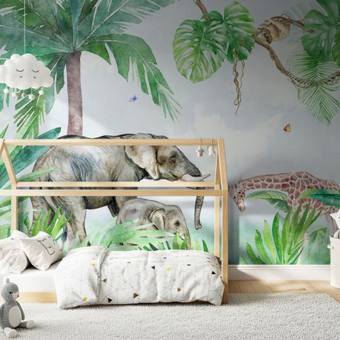 Papier peint panoramique de la forêt tropicale des enfants avec des animaux mignons de Safari