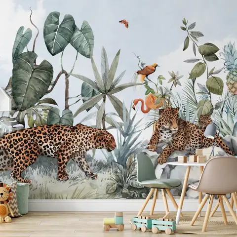 Kids Watercolor Forest with Leopard Wild Animals Wallpaper Mural