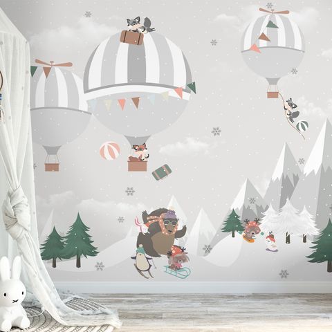 Cute Animals Playing Skate on the Snowy Mountain with Hot Air Balloon Wallpaper Mural