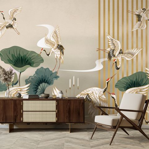 Chinese Crane Birds with Lotus Florals Wallpaper Mural