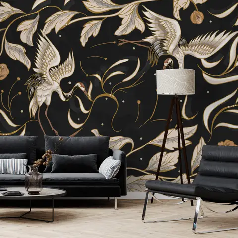 Dark Crane Birds and Brown Retro Florals Wallpaper Mural