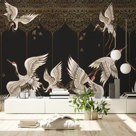 Asian Crane Birds and Gold Style Ornaments Wallpaper Mural