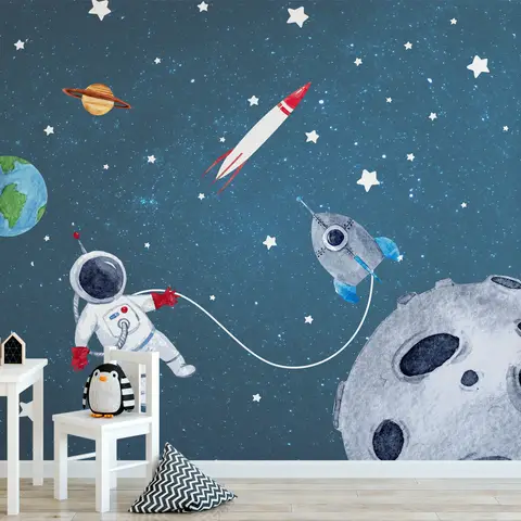 Kids Watercolor Space with Spaceship and Astronaut Wallpaper Mural •  Wallmur®-sgquangbinhtourist.com.vn