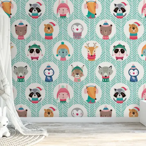 Kids Cute Winter Animals Pattern with Lines Wallpaper Mural