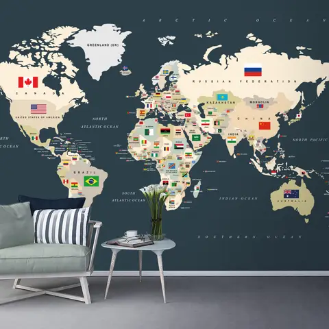 Political World Map with Country Flags Wallpaper Mural