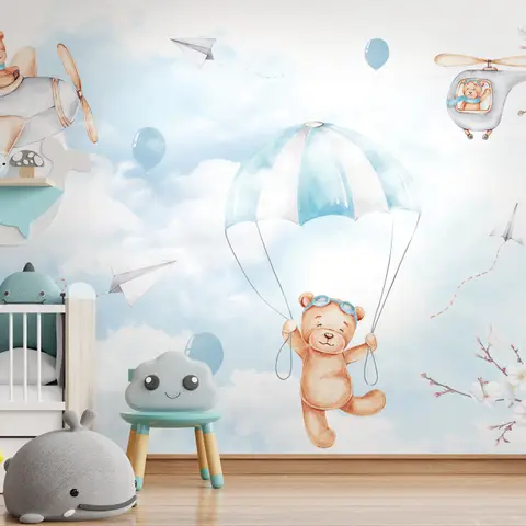 Cute Bear Flying with Paper Planes Wallpaper Mural
