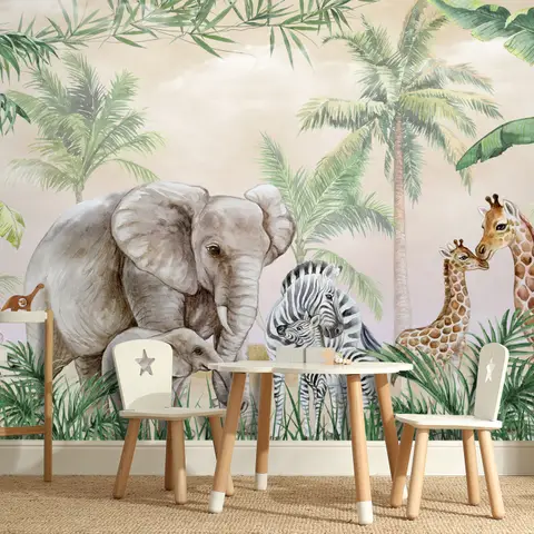 Kids Safari Animals with Cub Wallpaper Mural