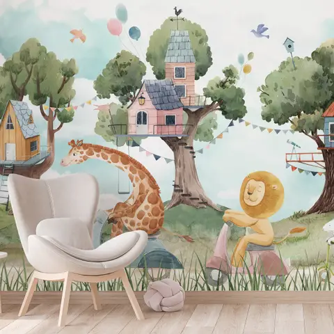 Kids Forest Animals with Treehouse Wallpaper Mural