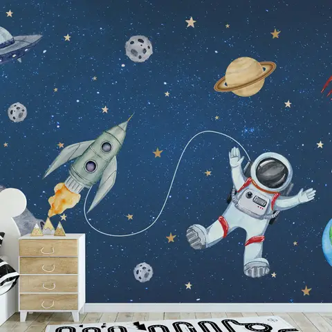 Kids Watercolor Space with Spaceship and Astronaut Wallpaper Mural