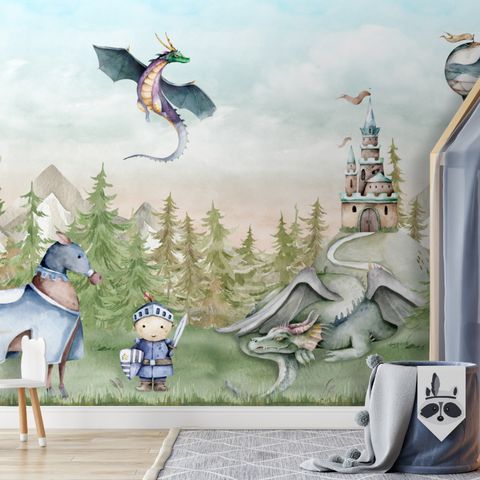 Kids Dragons Fairytale Cute Prince and Princess Wallpaper Mural