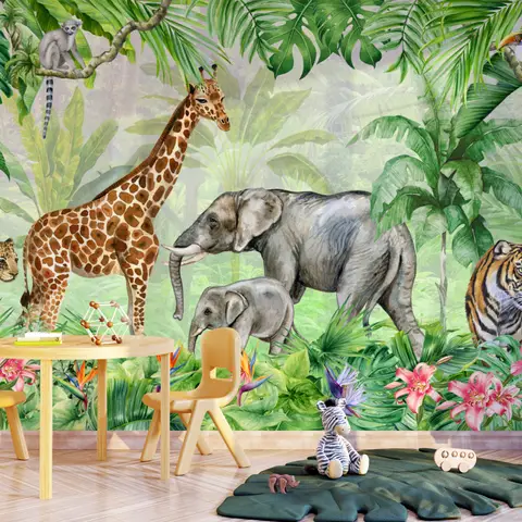 Kids Safari Watercolor Tropical  Forest Jungle Animals Wallpaper Mural