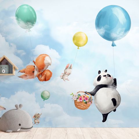 Cute Flying Panda & Animals Kids Nursery Wallpaper Mural