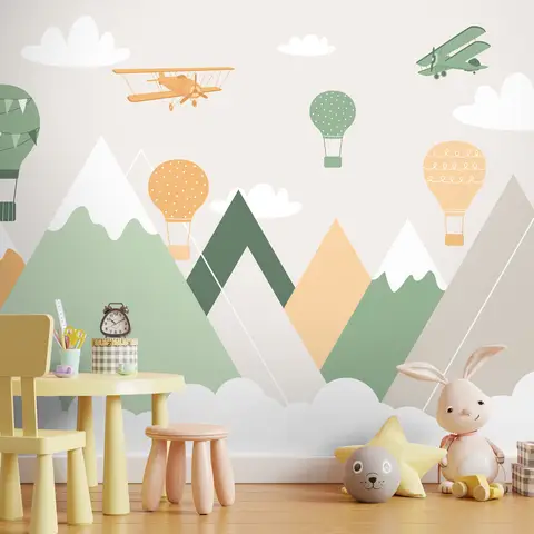 Nursery Mountain Landscape with Hot Air Balloons Wallpaper Mural