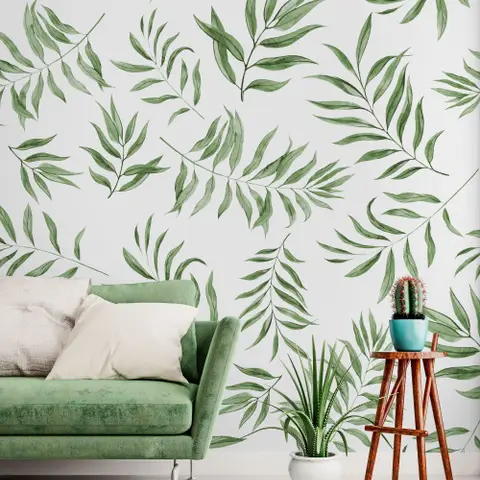 Watercolor Green Palm Leaf Pattern Wallpaper Mural