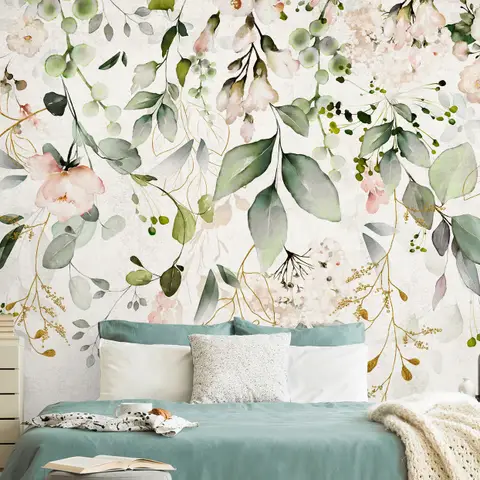 Watercolor Soft Floral with Green Leaves Wall Mural