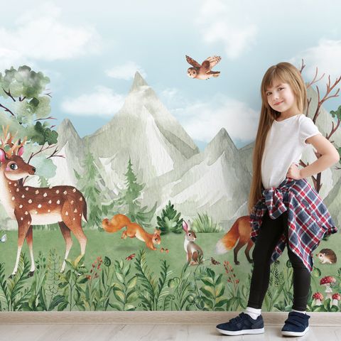 Cute Forest Animals with Kids Mountain Landscape Wallpaper Mural