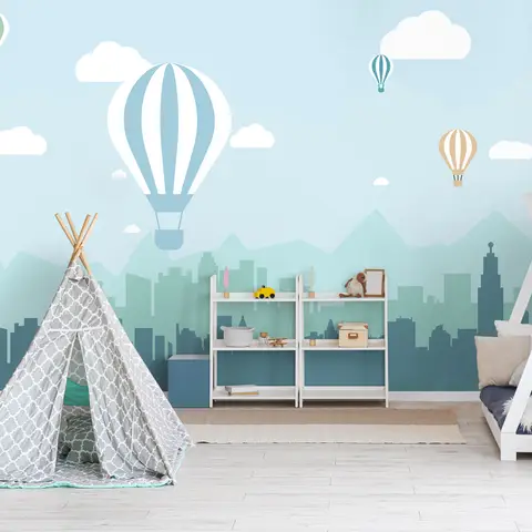 Hot Air Balloon and Blue City Landscape Wallpaper Mural