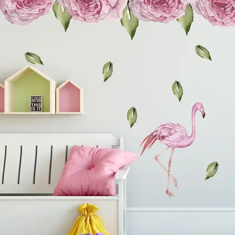 Pink Peony Floral and Flamingo Wall Decal Sticker