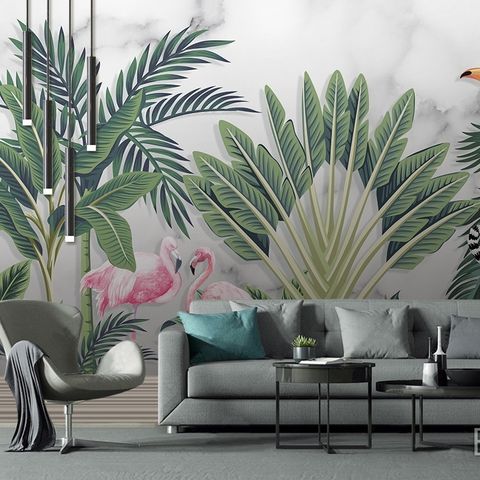 Flamingo Toucan with Vintage Forest Wallpaper Mural