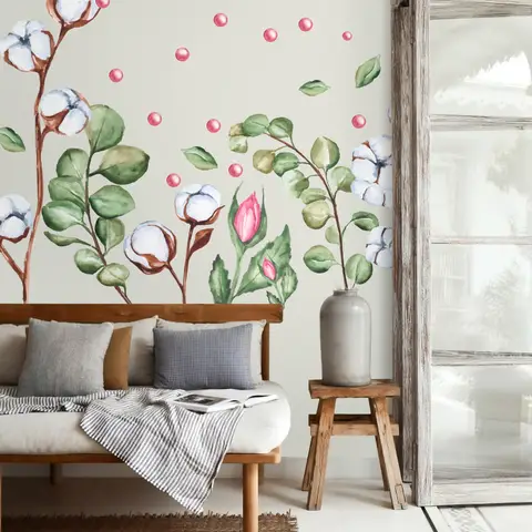 White Cotton Florals with Green Leaf and Pink Rosebud Wall Decal Sticker