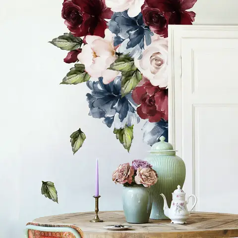 Dark Blue Red Peony Floral Bouqet Wall Decal Sticker
