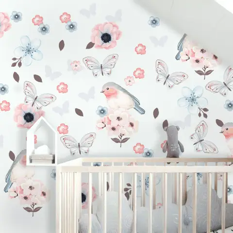 Watercolor Pink Blue Florals with Birds and Butterfly Wall Decal Sticker