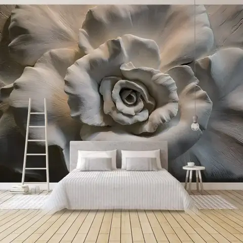 3D Embossed Look Cement Roses Wallpaper Mural