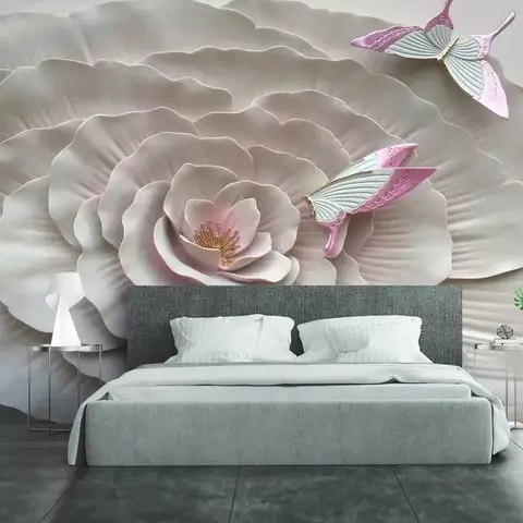 3D Embossed Look Flowers and Butterfly Wallpaper Mural