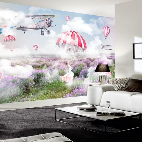 3D Look Misty Lavender and Hot Air Balloon Wallpaper Mural