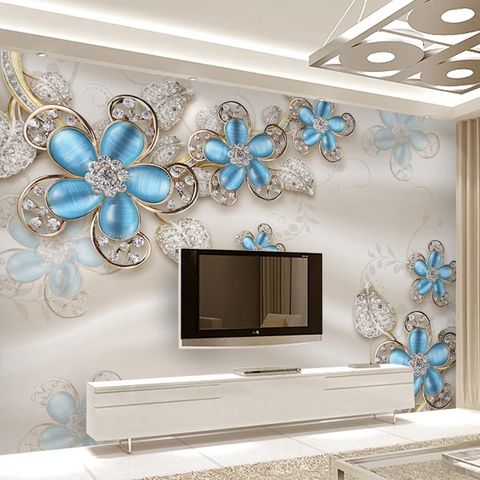 Blue Diamond Floral with Swarovski Leaf Wallpaper Mural