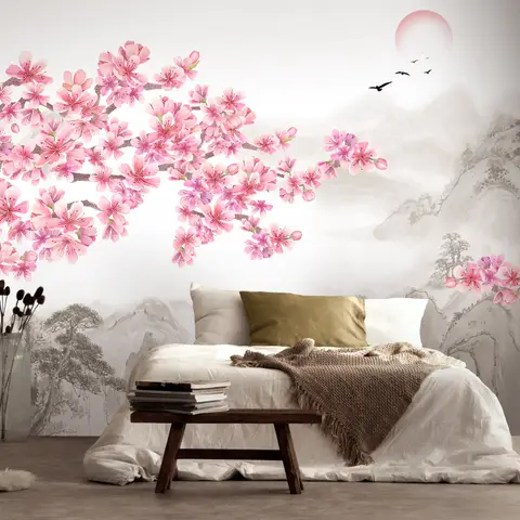 Cherry Blossom with Mountain Landscape Wallpaper Mural