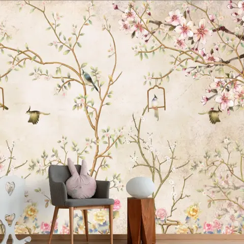Soft Chinese Florals with Little Birds Wallpaper Mural