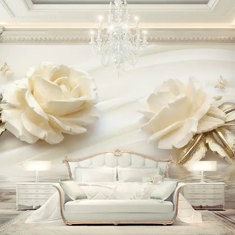 Cream Rose Floral with Water Pattern Wallpaper Mural
